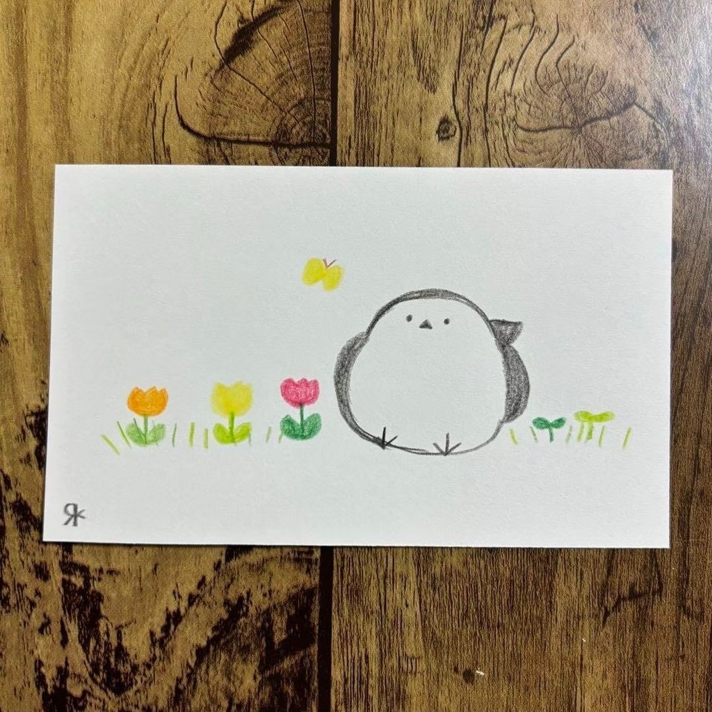 【475】【シマエナガの絵】オリジナルアナログ手描きイラスト原画 自作創作アート