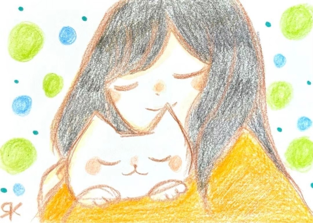 【507】【女の子と猫の絵】オリジナルアナログ手描きイラスト原画　自作創作アート