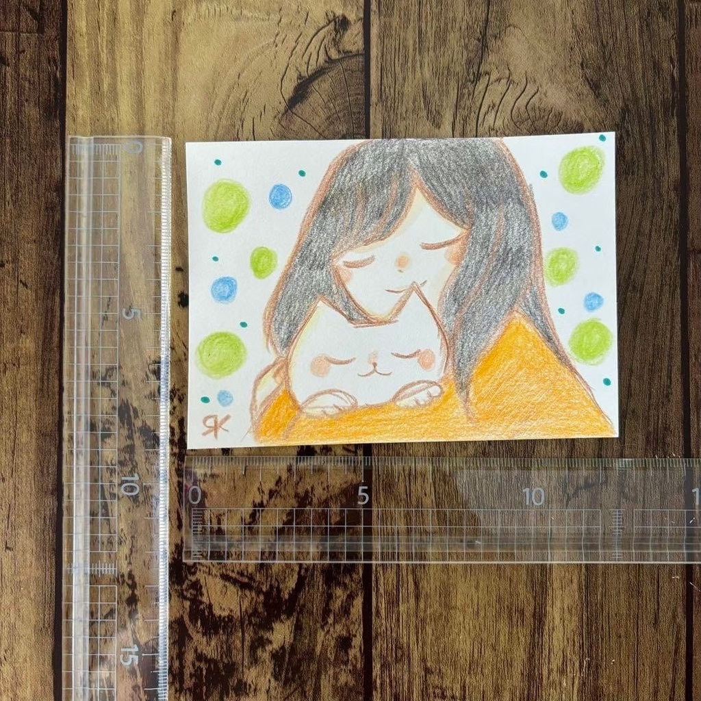 【507】【女の子と猫の絵】オリジナルアナログ手描きイラスト原画 自作創作アート