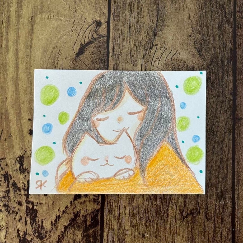 【507】【女の子と猫の絵】オリジナルアナログ手描きイラスト原画 自作創作アート
