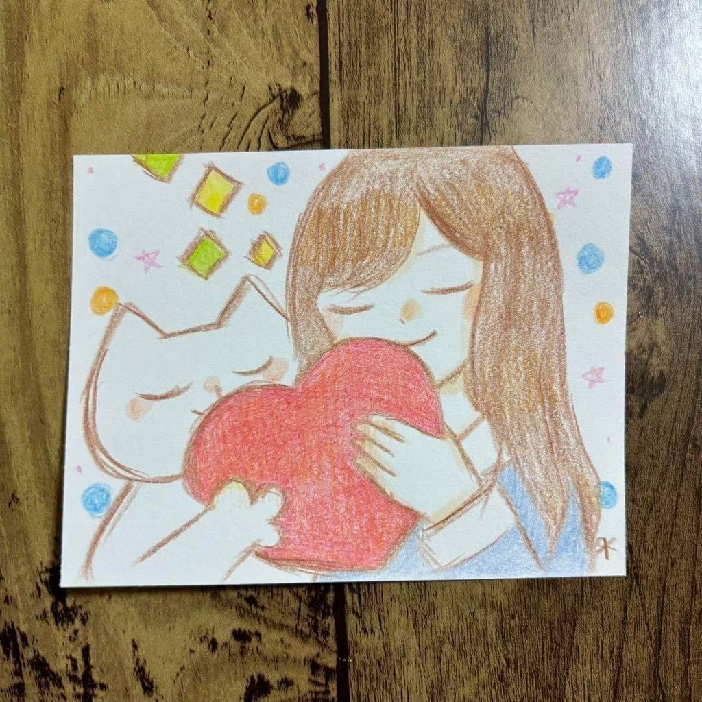 【508】【女の子と猫の絵】オリジナルアナログ手描きイラスト原画 自作創作作品