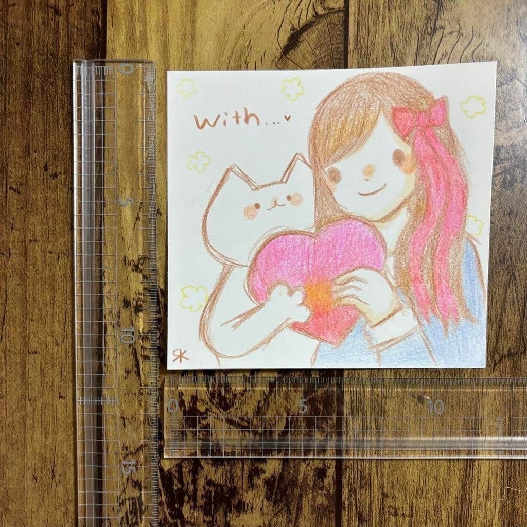 【516】【女の子と猫の絵】オリジナルアナログ手描きイラスト原画 自作創作作品