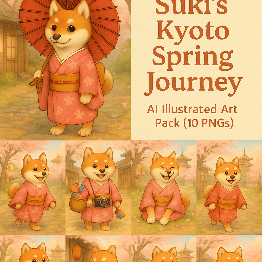旅する柴犬Sukiの春の京都旅イラストパック(全10枚)|AI水彩風デジタル素材