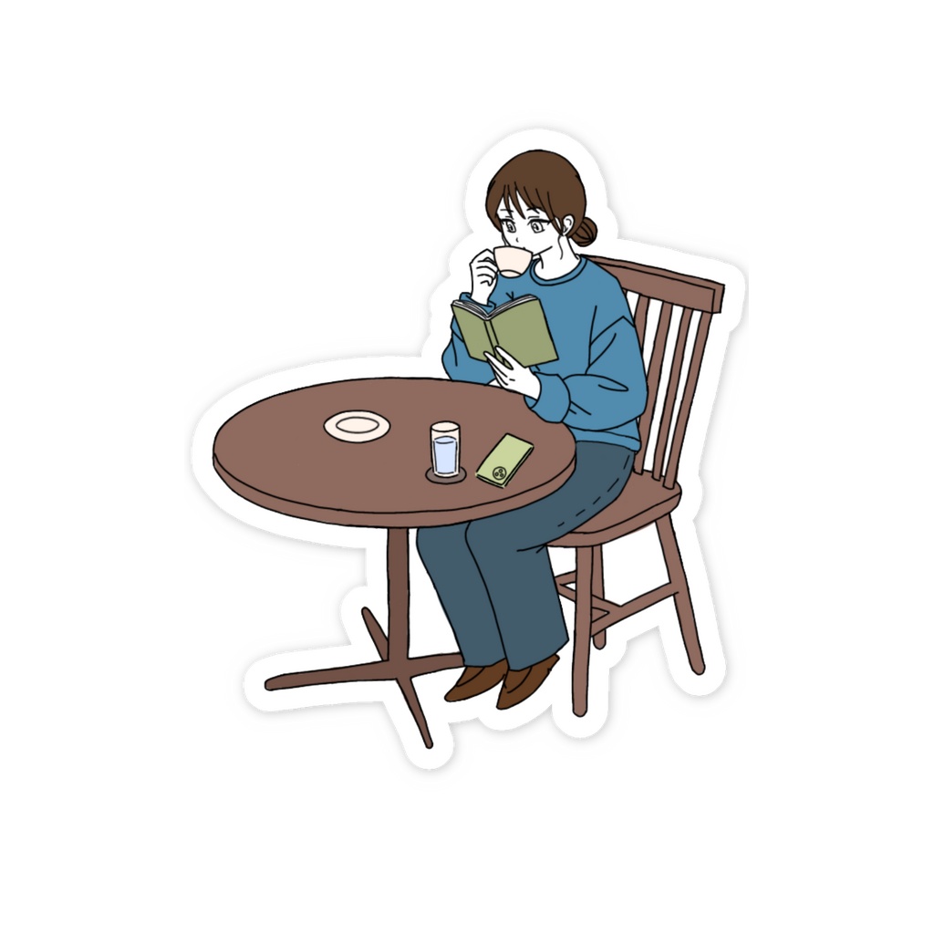 休日のカフェの女の子ステッカー