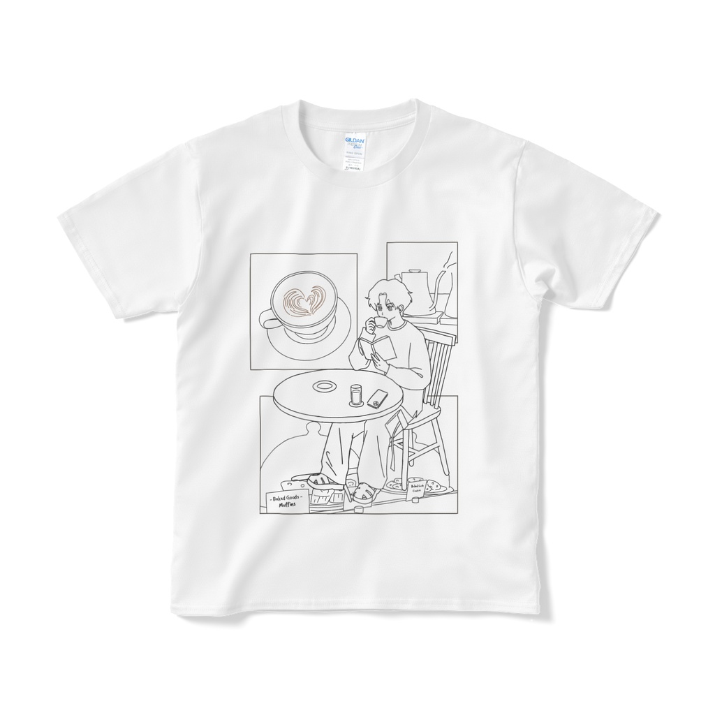 休日のカフェライン青年Tシャツ