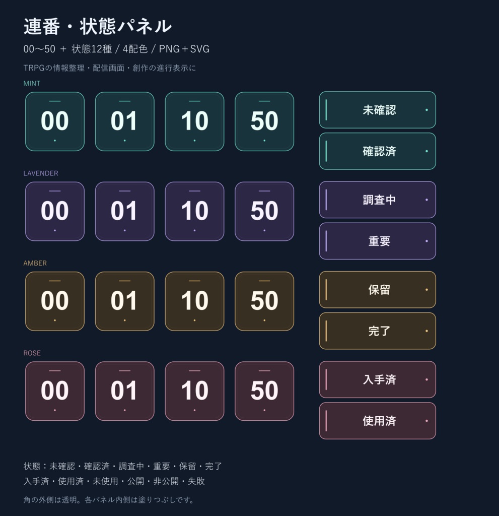 連番・状態パネル素材｜00〜50＋状態12種×4色｜PNG・SVG【商用利用可】