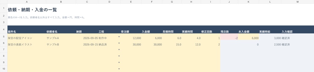 イラスト依頼管理|納期・入金・実績時給を一覧に【Excel・60案件】