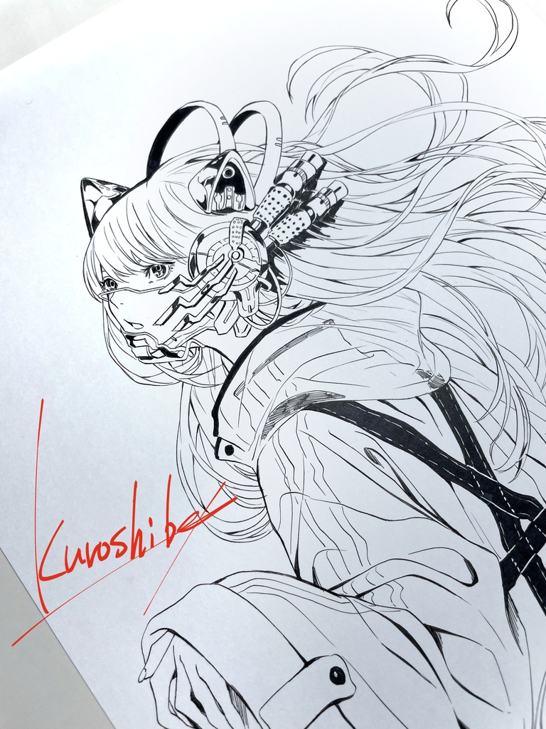 モノクロイラスト原画「Cyber Cat」A4210×297mm