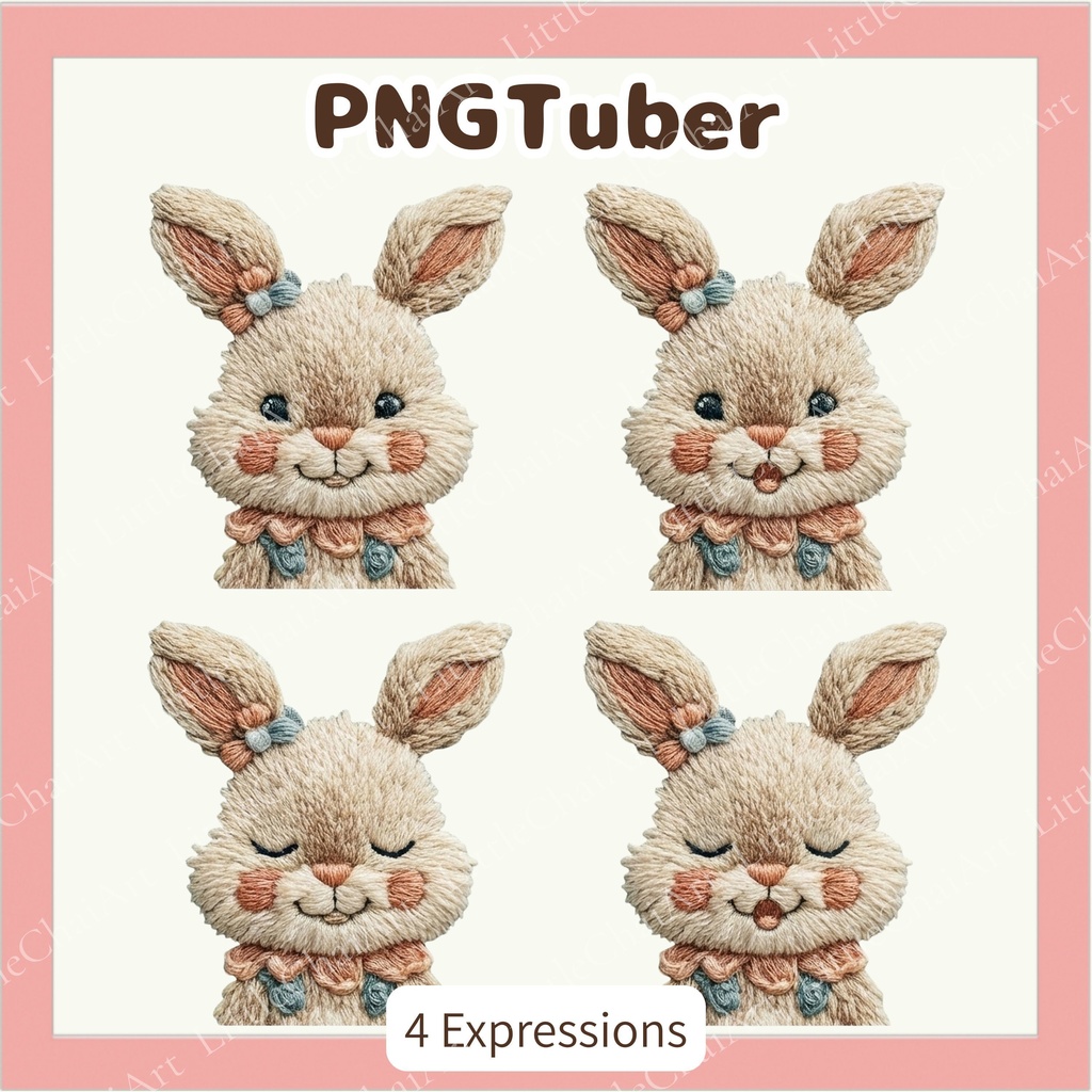 刺繍風 ウサギ PNGTuber素材 – 4表情 / Embroidery Bunny PNGTuber