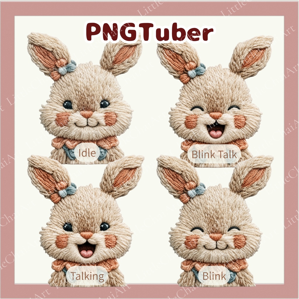 Veadotube対応 刺繍風 ウサギ PNGTuber素材 – 4表情 / Embroidery Bunny PNGTuber