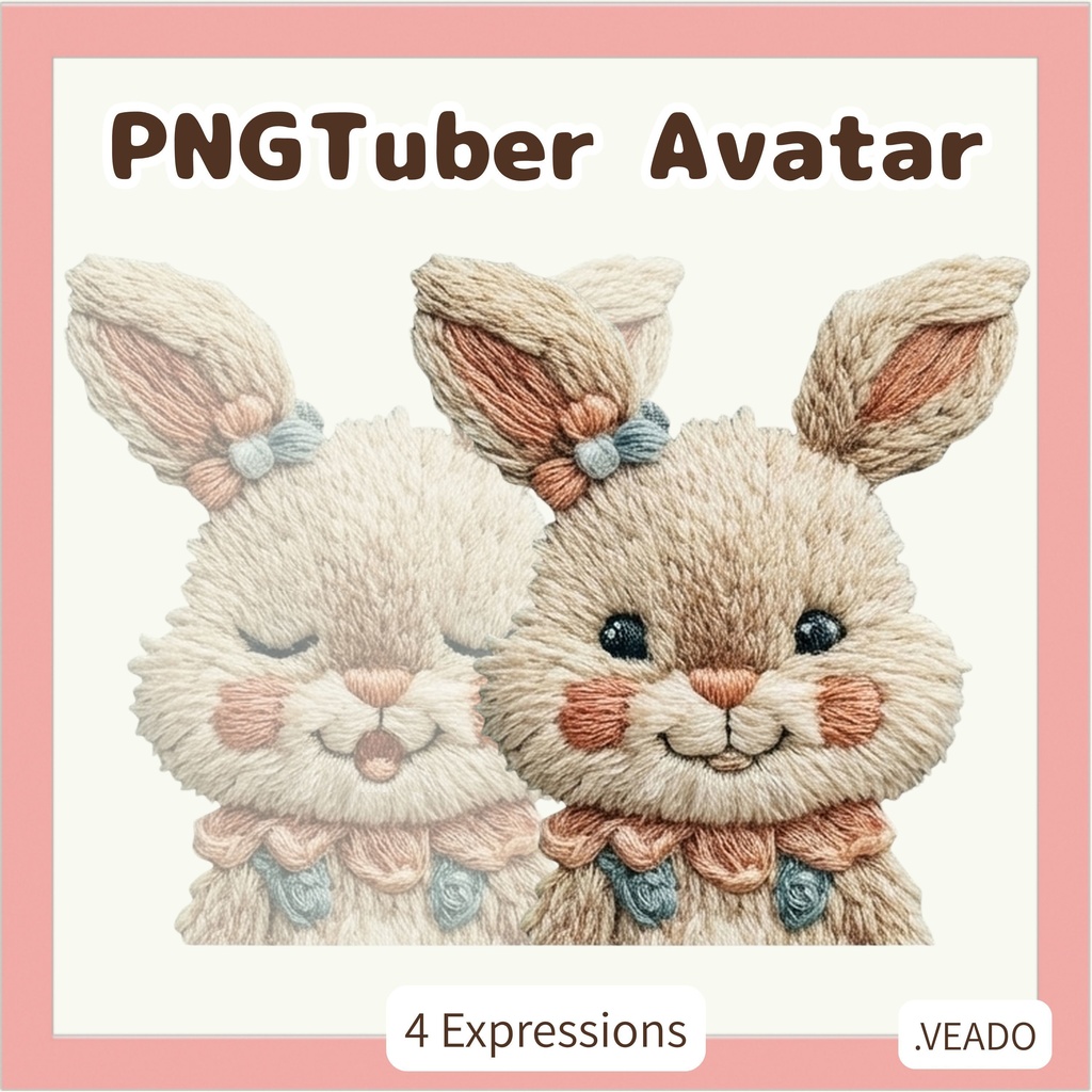 刺繍風 ウサギ PNGTuber素材 – 4表情 / Embroidery Bunny PNGTuber