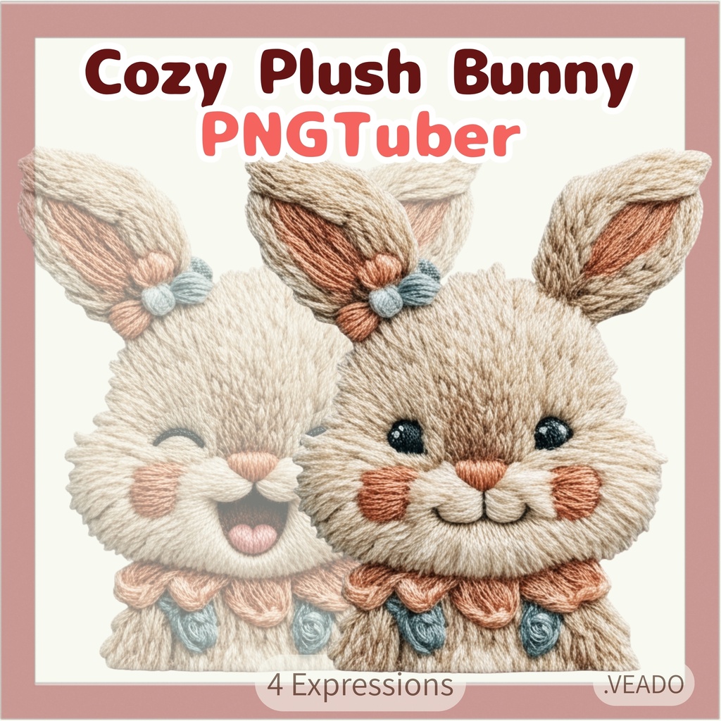 Veadotube対応 刺繍風 ウサギ PNGTuber素材 – 4表情 / Embroidery Bunny PNGTuber