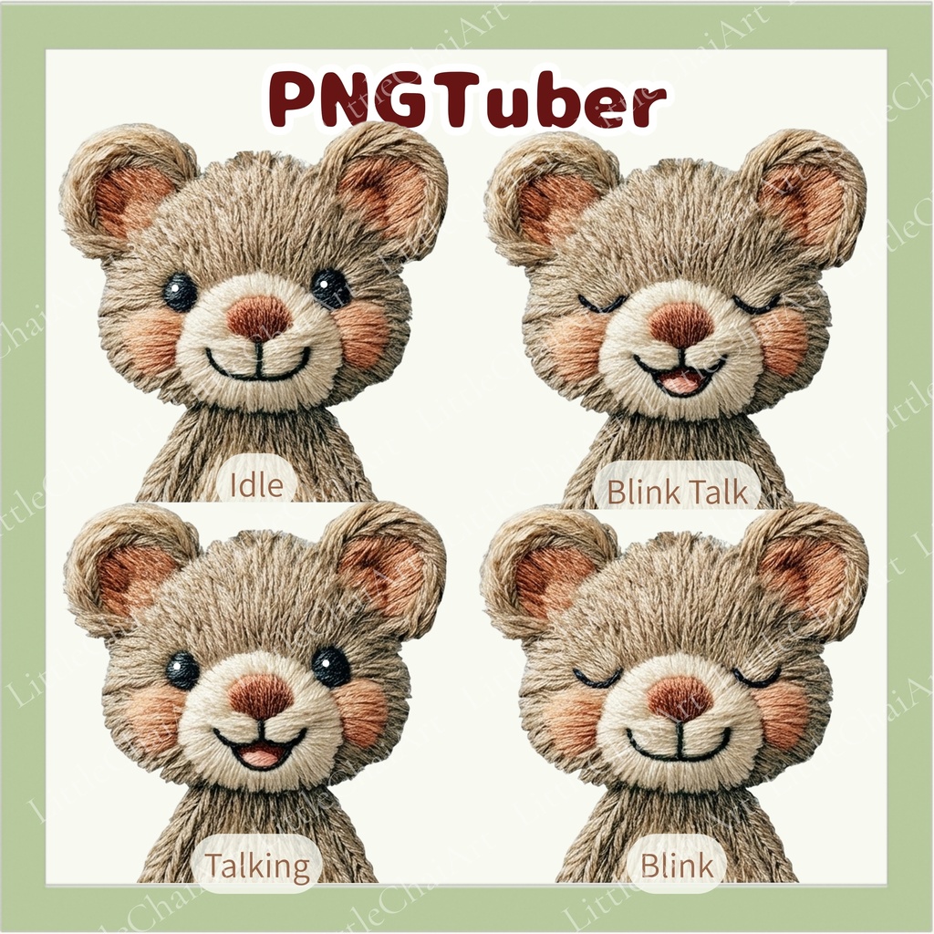 Veadotube対応 刺繍風 テディベア PNGtuber素材 - 4表情セット / Embroidery Teddy Bear PNGTuber