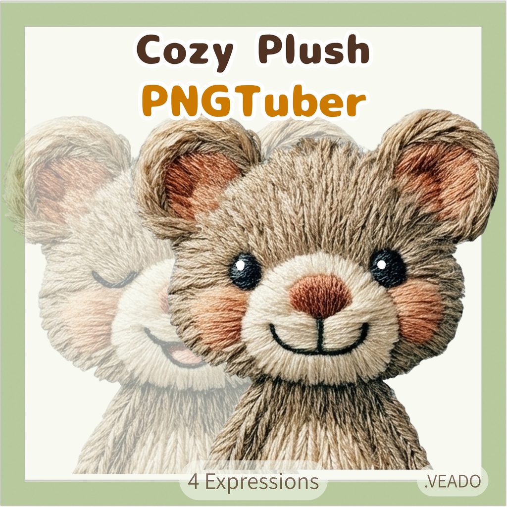 Veadotube対応 刺繍風 テディベア PNGtuber素材 - 4表情セット / Embroidery Teddy Bear PNGTuber