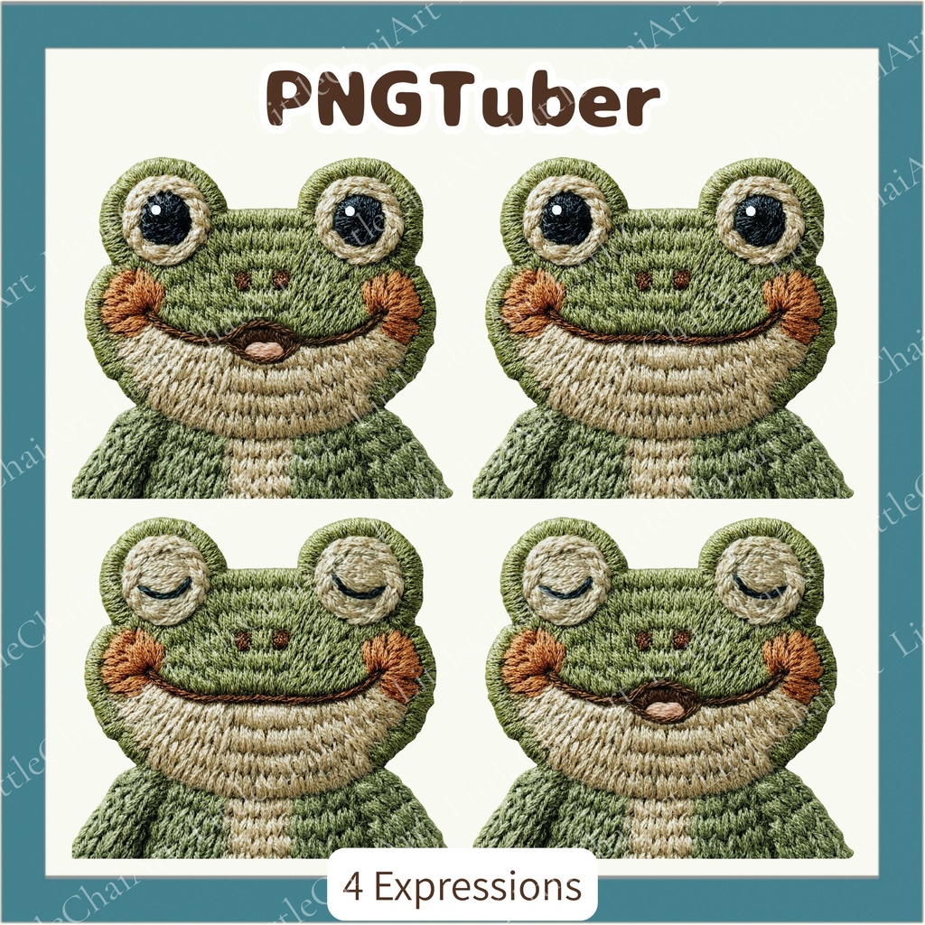 刺繍風 カエル PNGtuber素材 - 4表情セット / Embroidery Frog PNGTuber