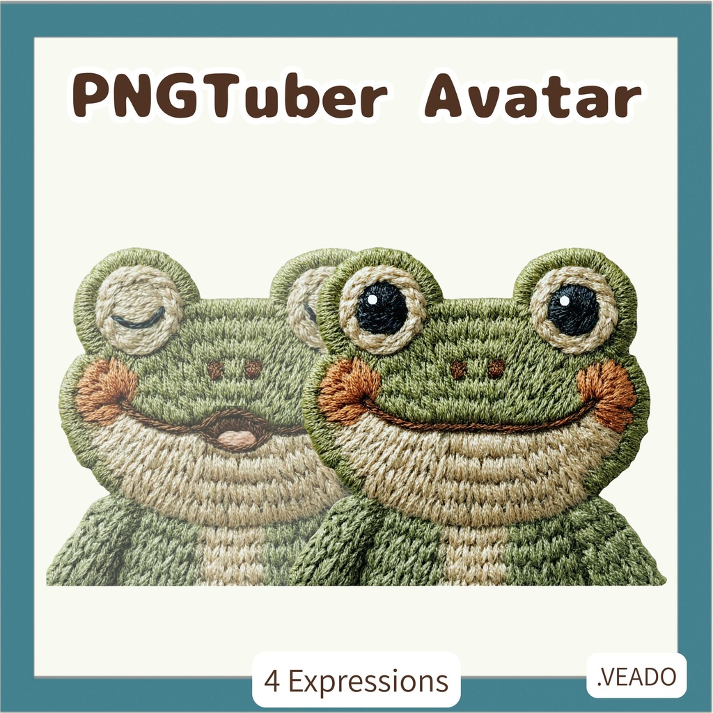 刺繍風 カエル PNGtuber素材 - 4表情セット / Embroidery Frog PNGTuber