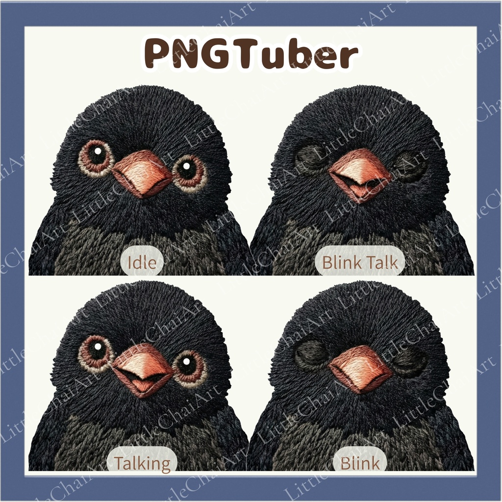 Veadotube対応 刺繍風 カラス PNGtuber素材 - 4表情セット / Embroidery Crow PNGTuber