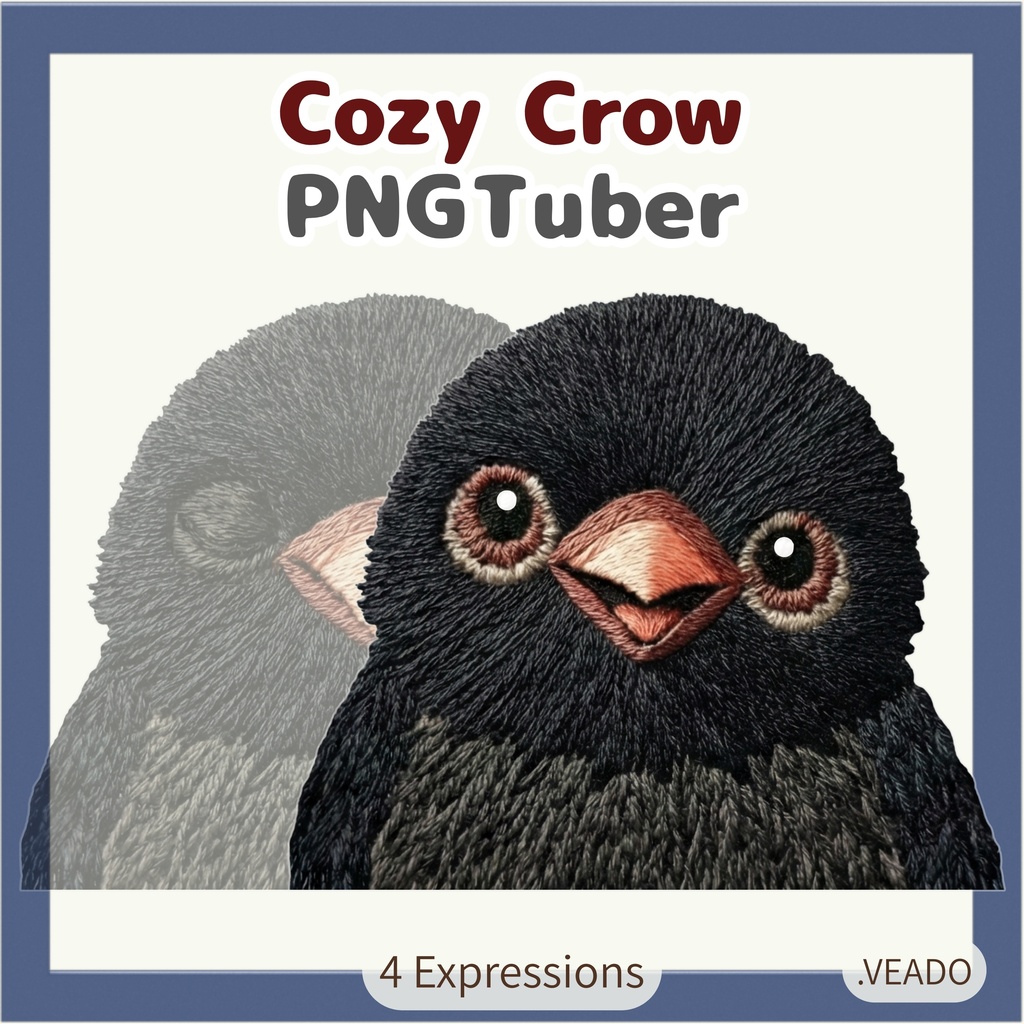 Veadotube対応 刺繍風 カラス PNGtuber素材 - 4表情セット / Embroidery Crow PNGTuber