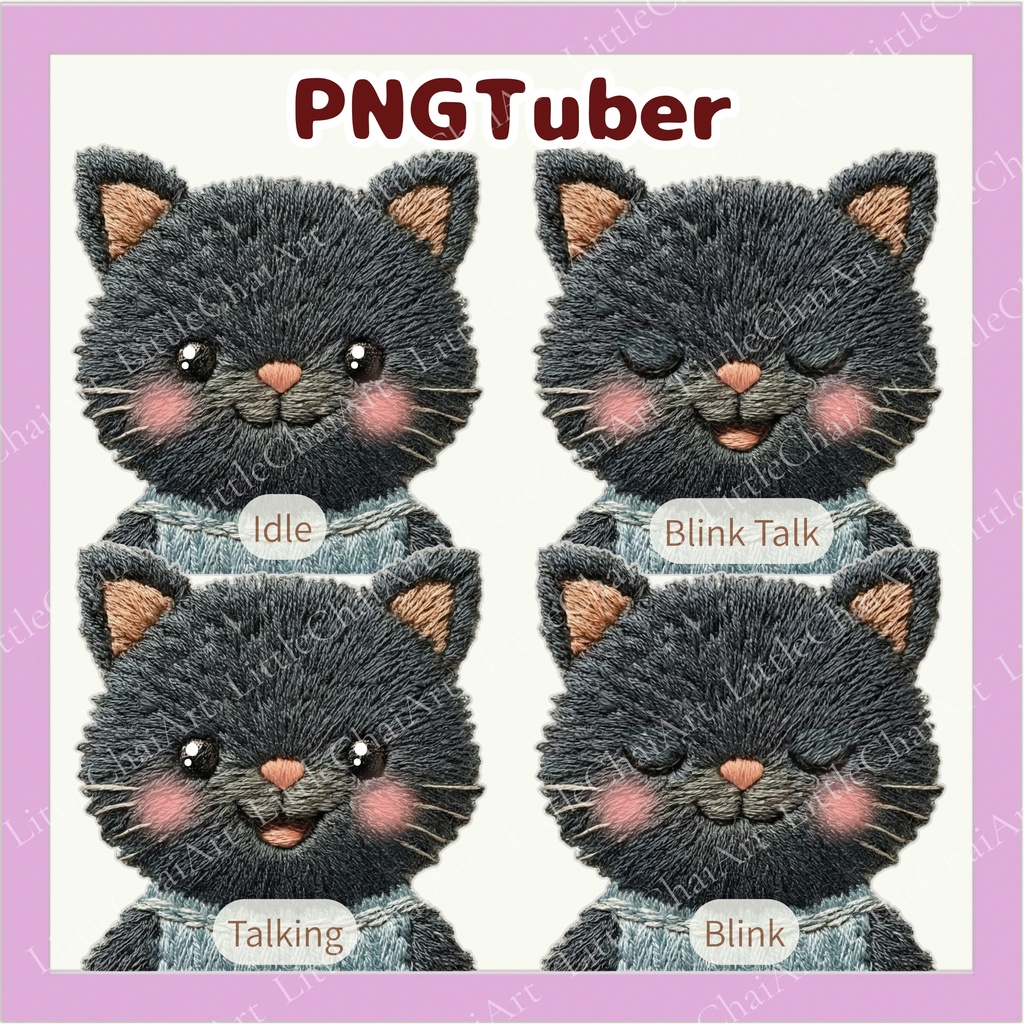 Veadotube対応 刺繍風 黒猫 PNGtuber素材 - 4表情セット / Embroidery Black Cat PNGTuber