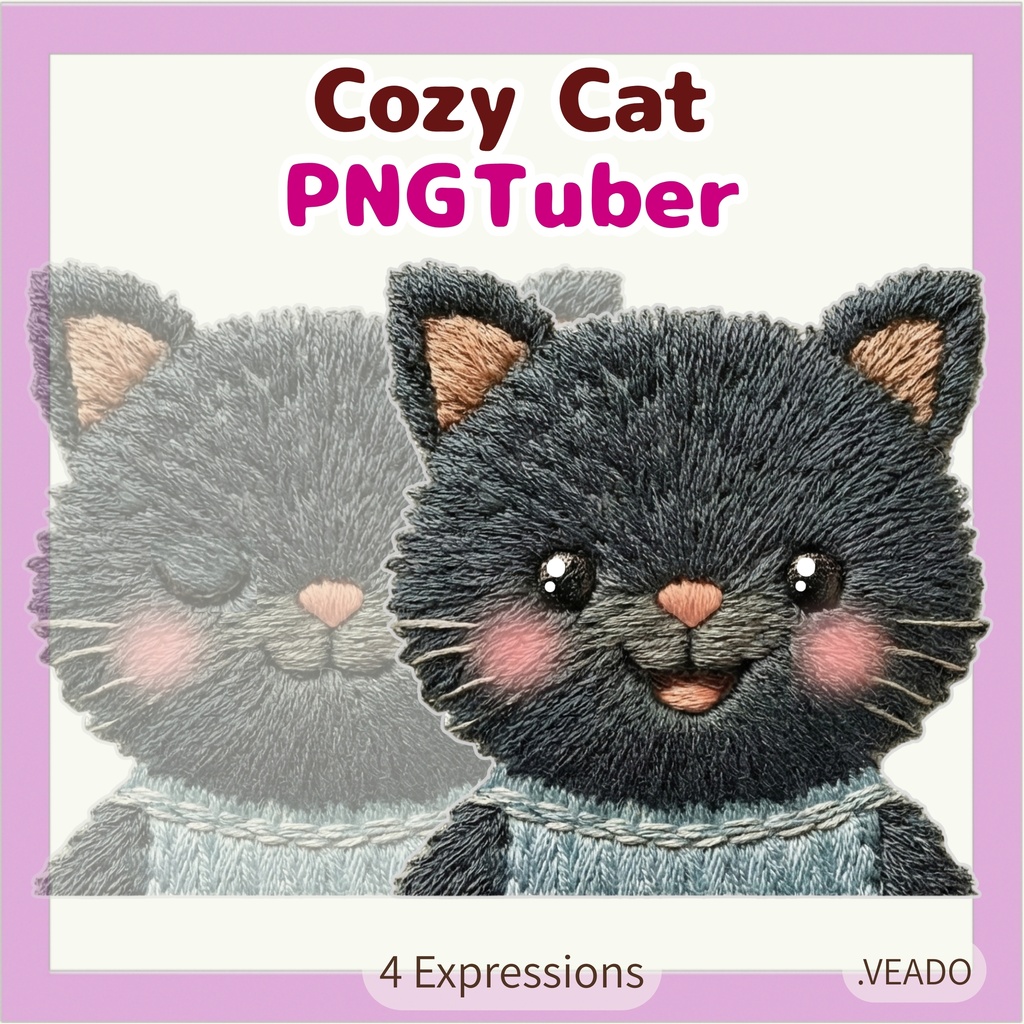 Veadotube対応 刺繍風 黒猫 PNGtuber素材 - 4表情セット / Embroidery Black Cat PNGTuber