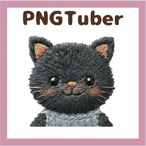 Veadotube対応 刺繍風 黒猫 PNGtuber素材 - 4表情セット / Embroidery Black Cat PNGTuber