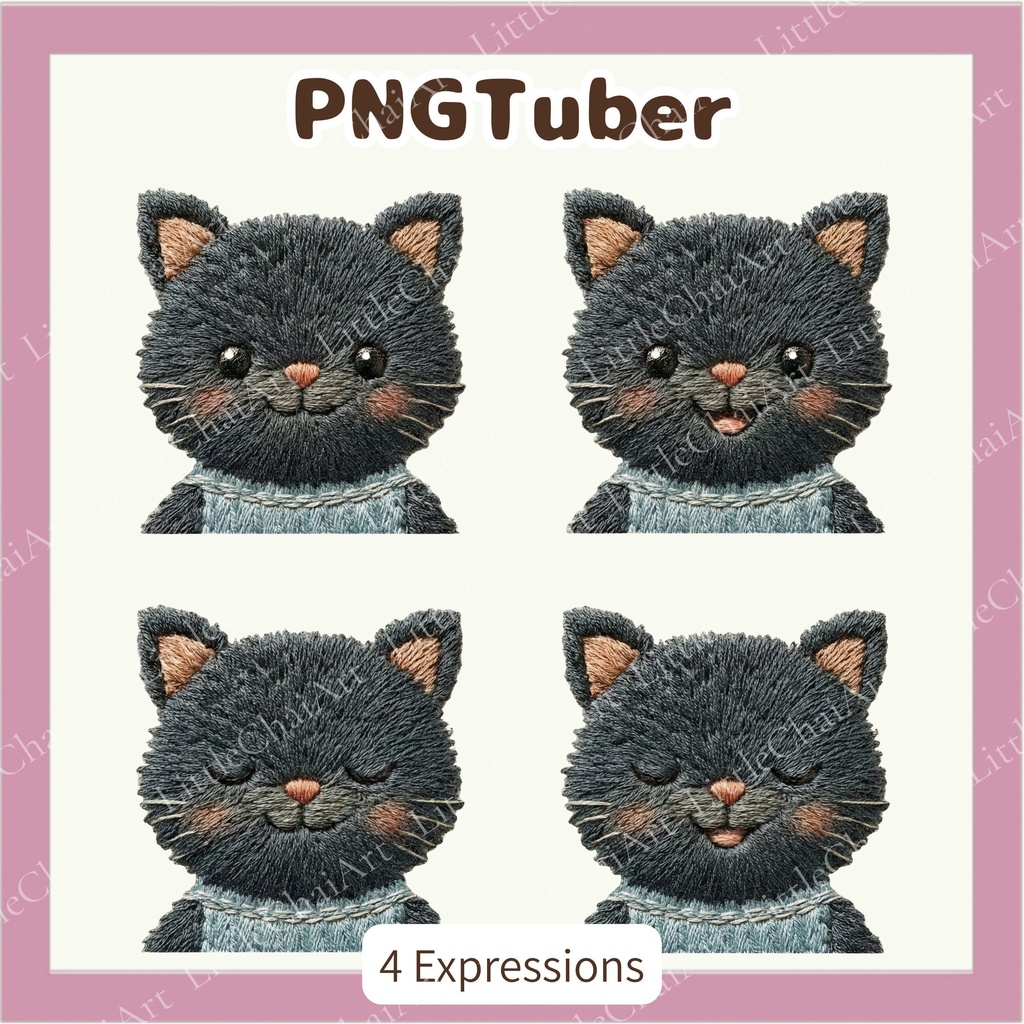 刺繍風 黒猫 PNGtuber素材 - 4表情セット / Embroidery Black Cat PNGTuber