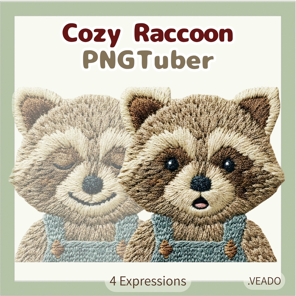 Veadotube対応 刺繍風 アライグマ PNGtuber素材 - 4表情セット / Embroidery Raccoon PNGTuber