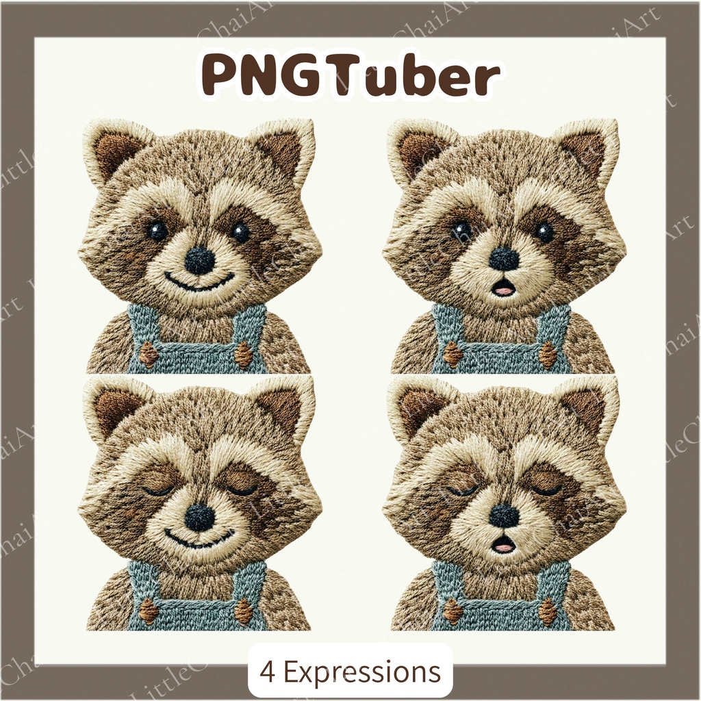 刺繍風 アライグマ PNGtuber素材 - 4表情セット / Embroidery Raccoon PNGTuber