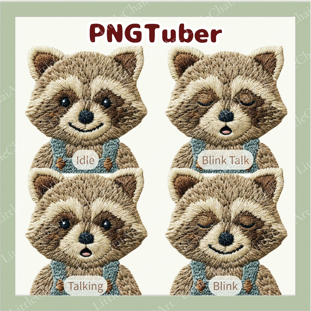 Veadotube対応 刺繍風 アライグマ PNGtuber素材 - 4表情セット / Embroidery Raccoon PNGTuber