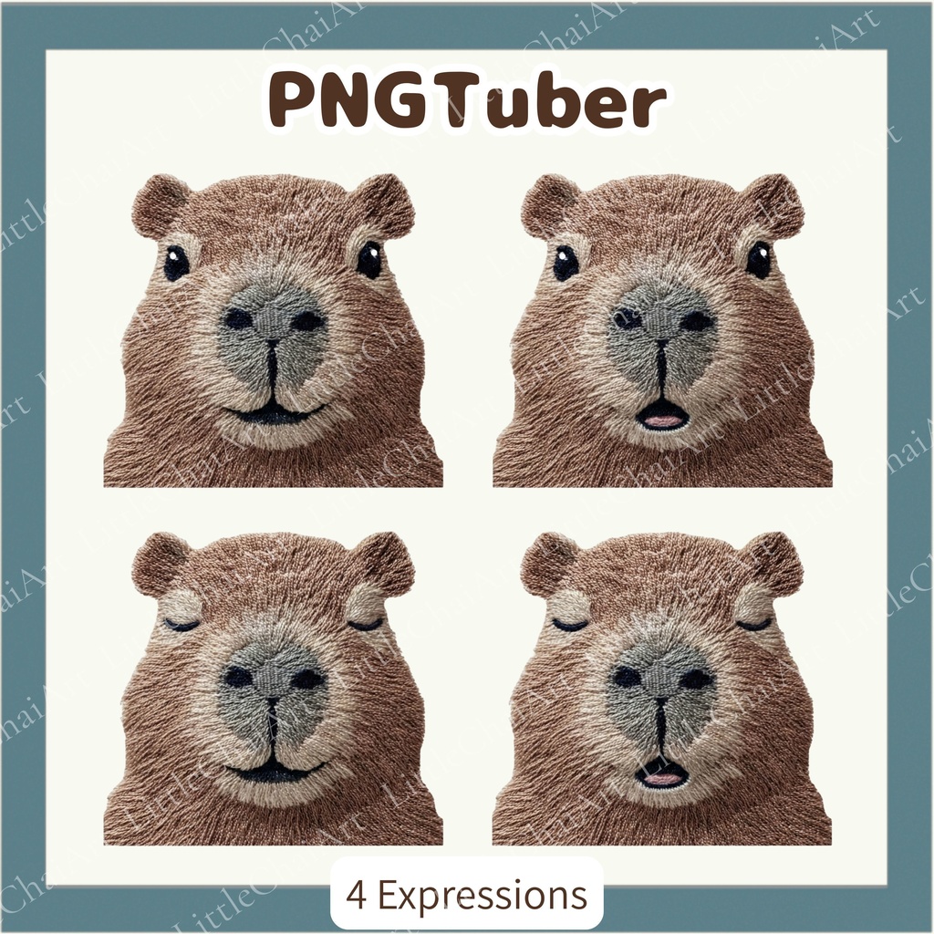 刺繍風 カピバラ PNGtuber素材 - 4表情セット / Embroidery Capybara PNGTuber