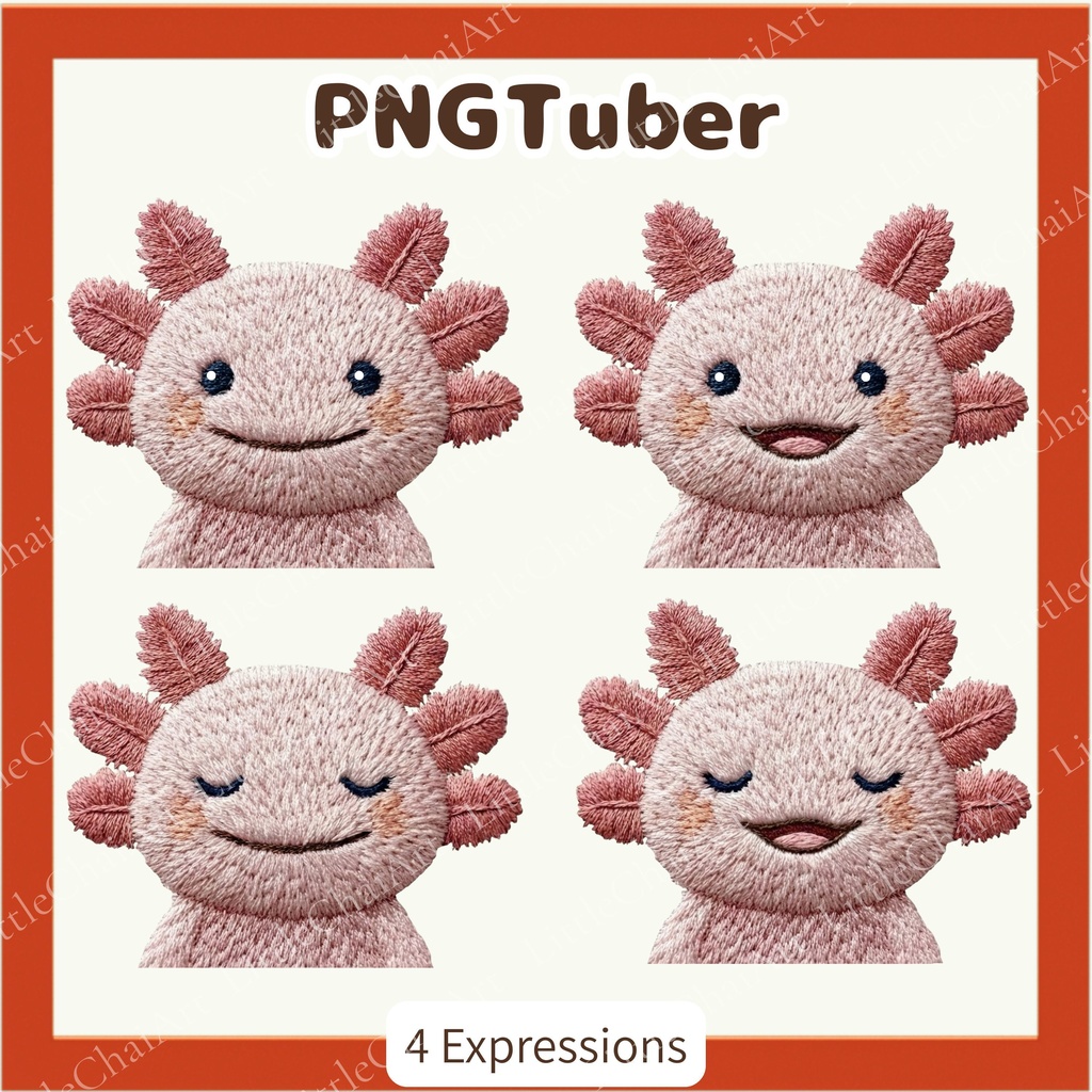 刺繍風 ウーパールーパー PNGtuber素材 - 4表情セット / Embroidery Axolotl PNGTuber