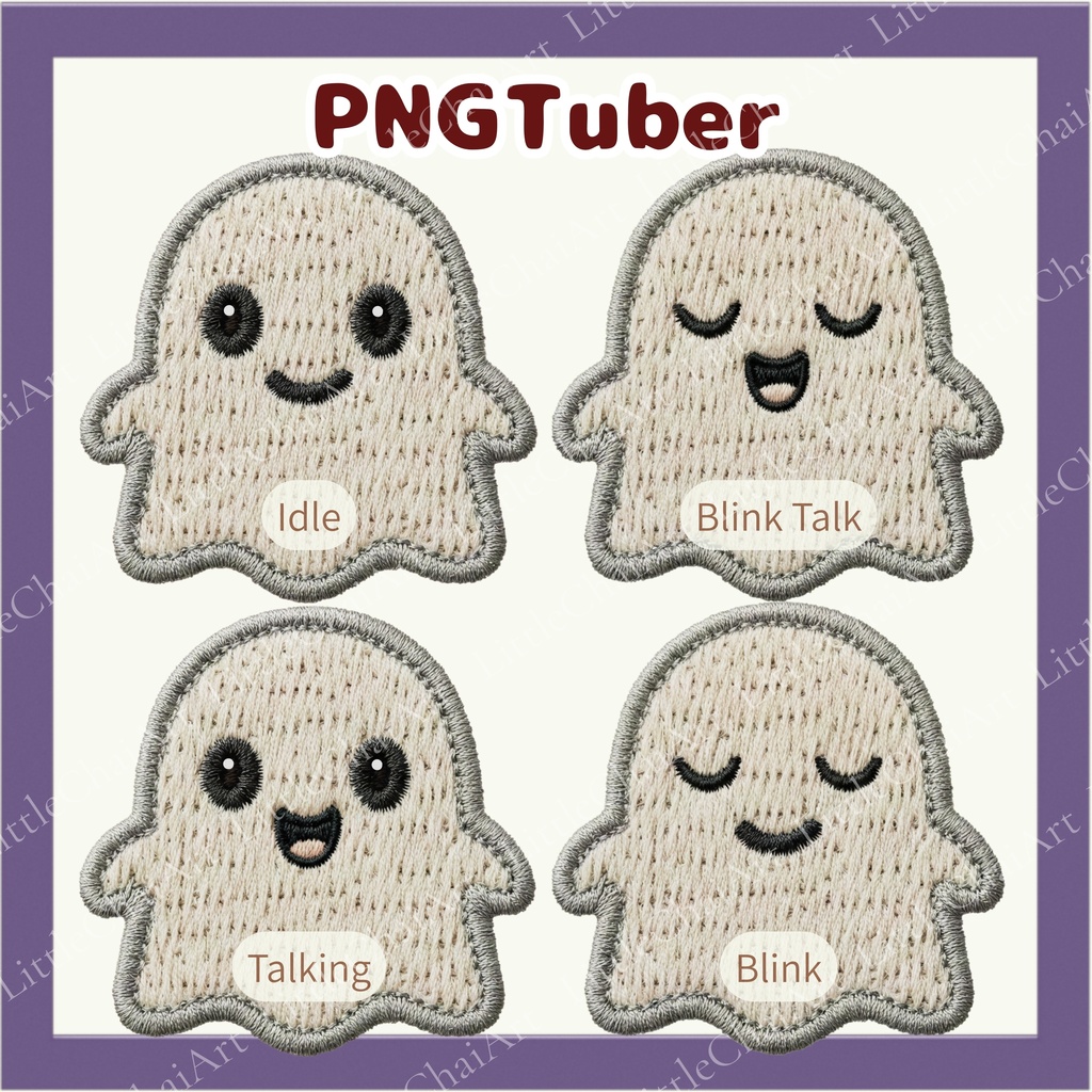 Veadotube対応 刺繍風 おばけ PNGtuber素材 - 4表情セット / Embroidery Ghost PNGTuber