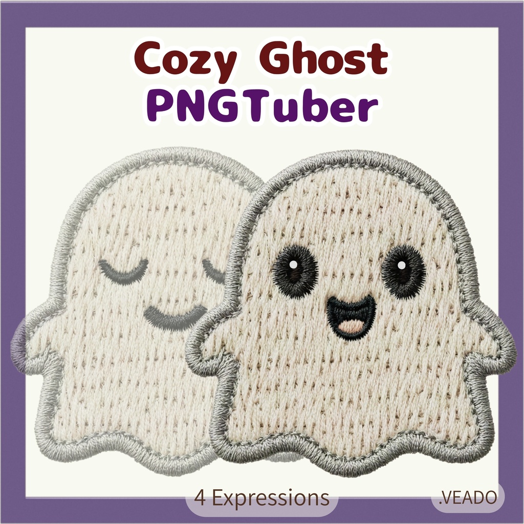 Veadotube対応 刺繍風 おばけ PNGtuber素材 - 4表情セット / Embroidery Ghost PNGTuber