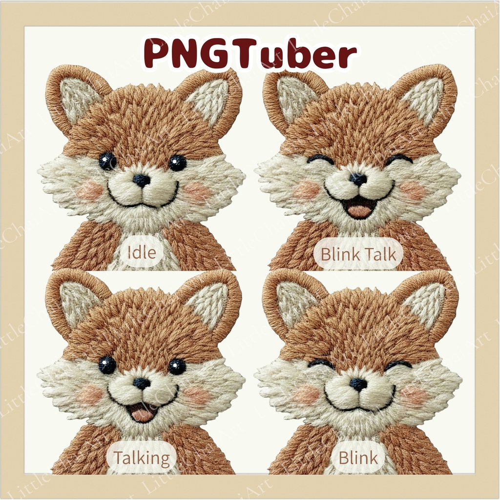 Veadotube対応 刺繍風 キツネ PNGtuber素材 - 4表情セット / Embroidery Fox PNGTuber