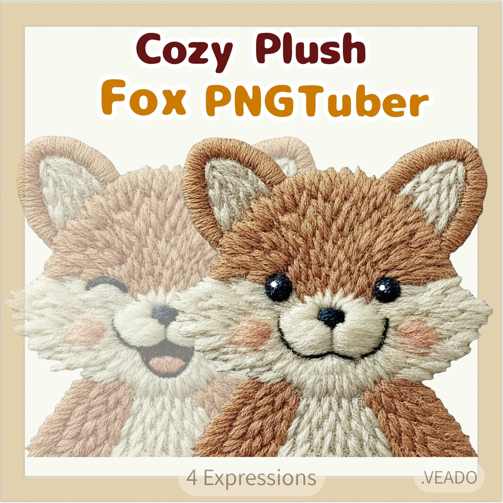 Veadotube対応 刺繍風 キツネ PNGtuber素材 - 4表情セット / Embroidery Fox PNGTuber