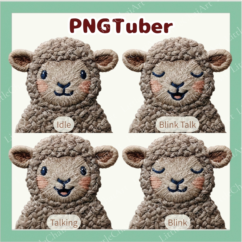Veadotube対応 刺繍風 羊 PNGtuber素材 - 4表情セット / Embroidery Sheep PNGTuber