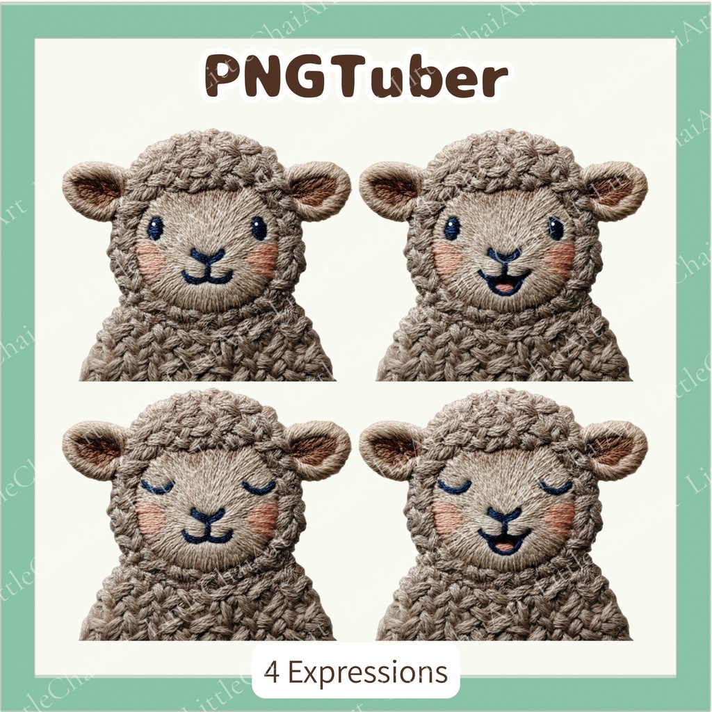 刺繍風 羊 PNGtuber素材 - 4表情セット / Embroidery Sheep PNGTuber