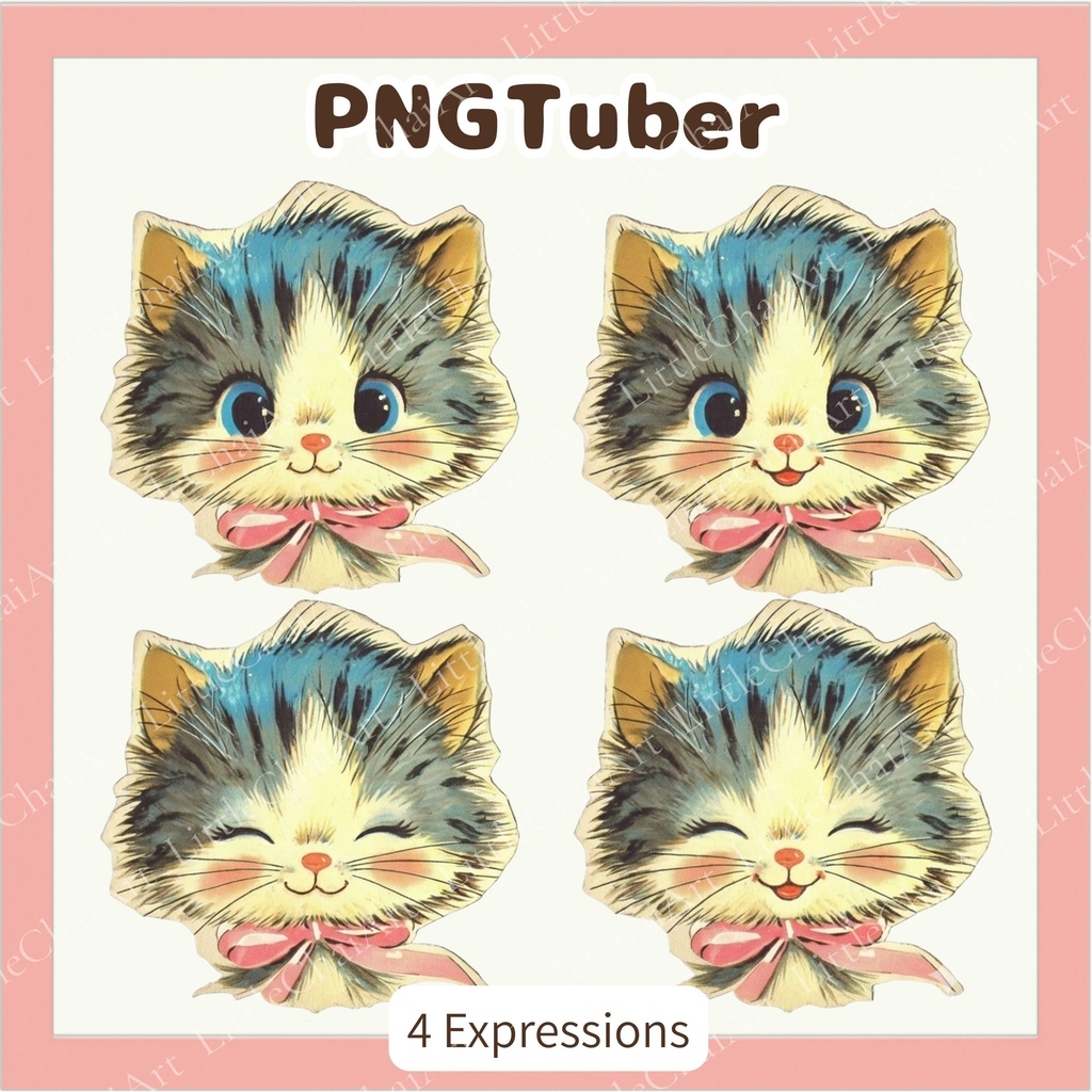 レトロかわいい 猫 PNGtuber素材 - 4表情セット / Retro Cat PNGTuber