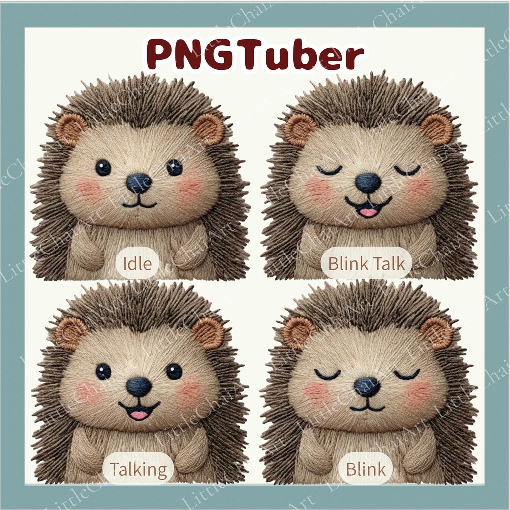 Veadotube対応 刺繍風 ハリネズミ PNGTuber素材 - 4表情セット / Embroidery Hedgehog PNGTuber