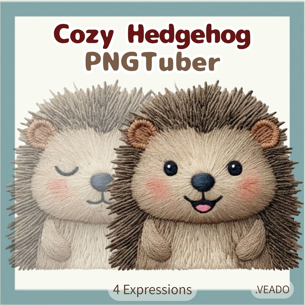 Veadotube対応 刺繍風 ハリネズミ PNGTuber素材 - 4表情セット / Embroidery Hedgehog PNGTuber