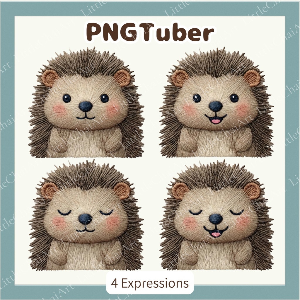 Veadotube対応 刺繍風 ハリネズミ PNGTuber素材 - 4表情セット / Embroidery Hedgehog PNGTuber