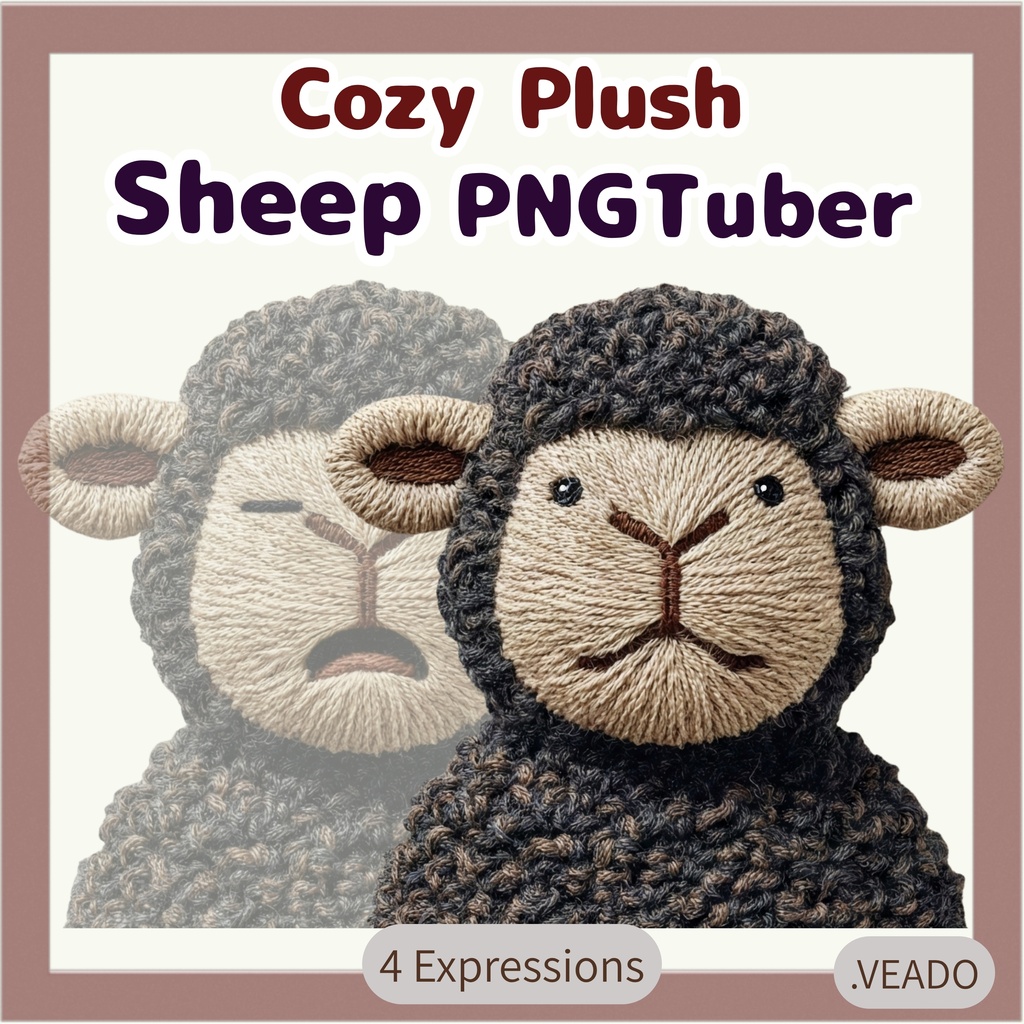 Veadotube対応 刺繍風 黒い羊 PNGTuber素材 - 4表情セット / Embroidery Black Sheep PNGTuber