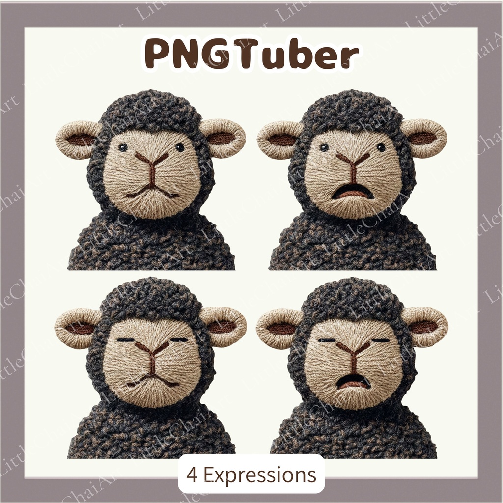 Veadotube対応 刺繍風 黒い羊 PNGTuber素材 - 4表情セット / Embroidery Black Sheep PNGTuber