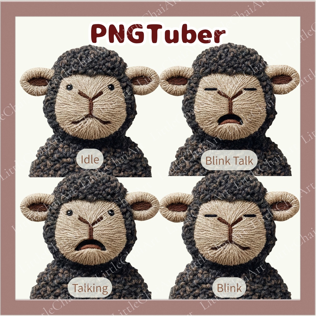 Veadotube対応 刺繍風 黒い羊 PNGTuber素材 - 4表情セット / Embroidery Black Sheep PNGTuber