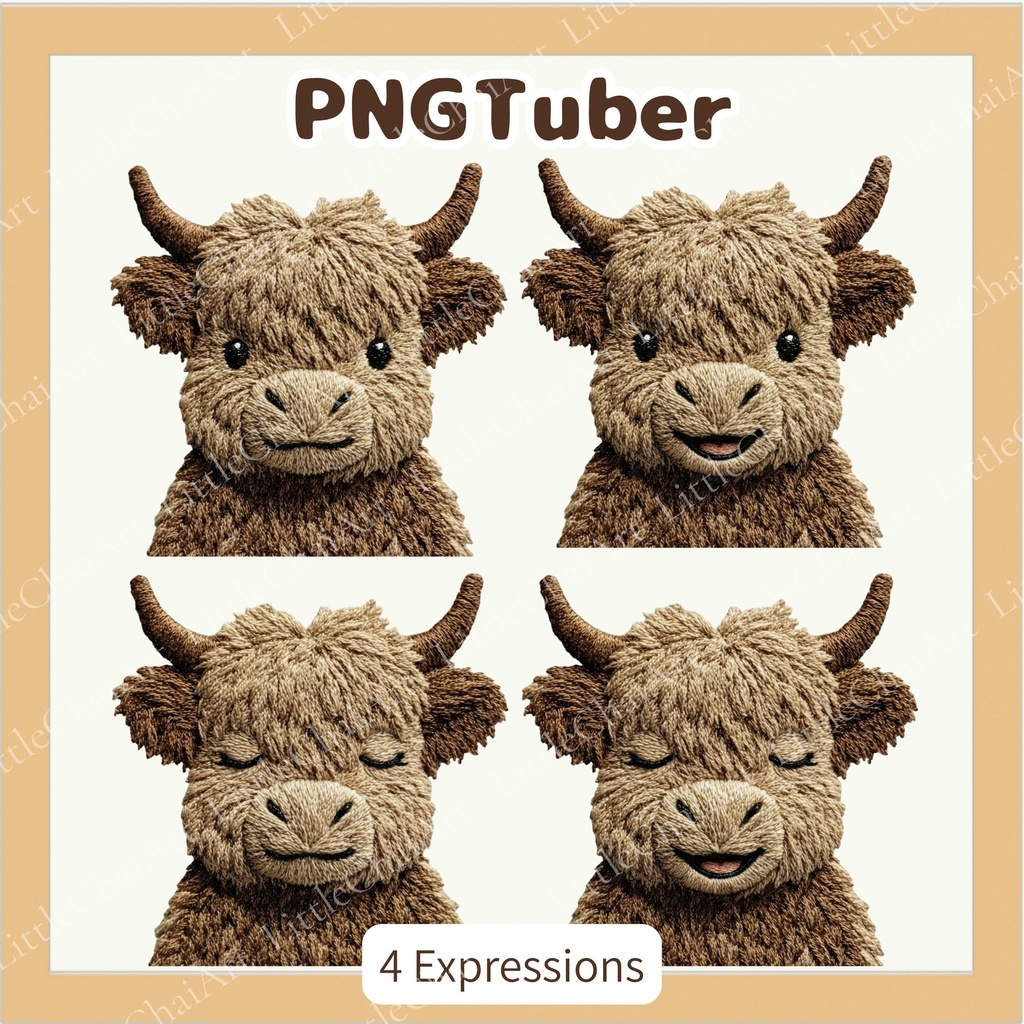 Veadotube対応 刺繍風 ハイランドカウ PNGTuber素材 - 4表情セット / Embroidery Highland Cow PNGTuber