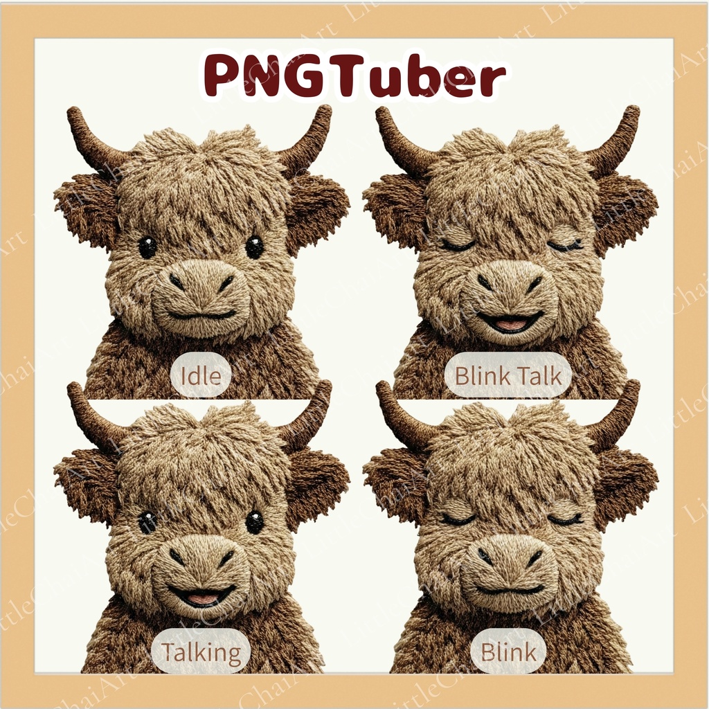Veadotube対応 刺繍風 ハイランドカウ PNGTuber素材 - 4表情セット / Embroidery Highland Cow PNGTuber