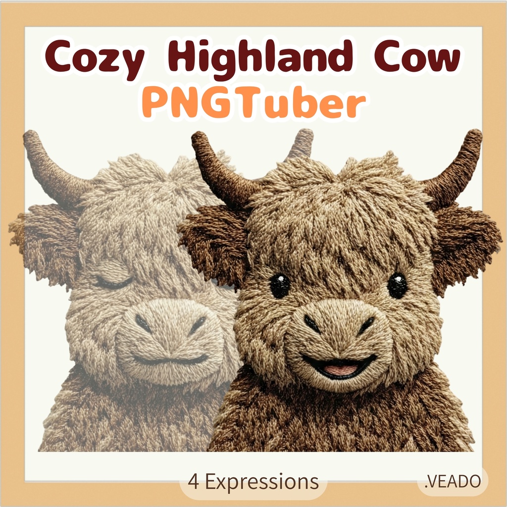 Veadotube対応 刺繍風 ハイランドカウ PNGTuber素材 - 4表情セット / Embroidery Highland Cow PNGTuber