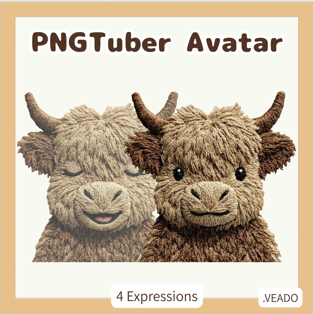 Veadotube対応 刺繍風 ハイランドカウ PNGTuber素材 - 4表情セット / Embroidery Highland Cow PNGTuber