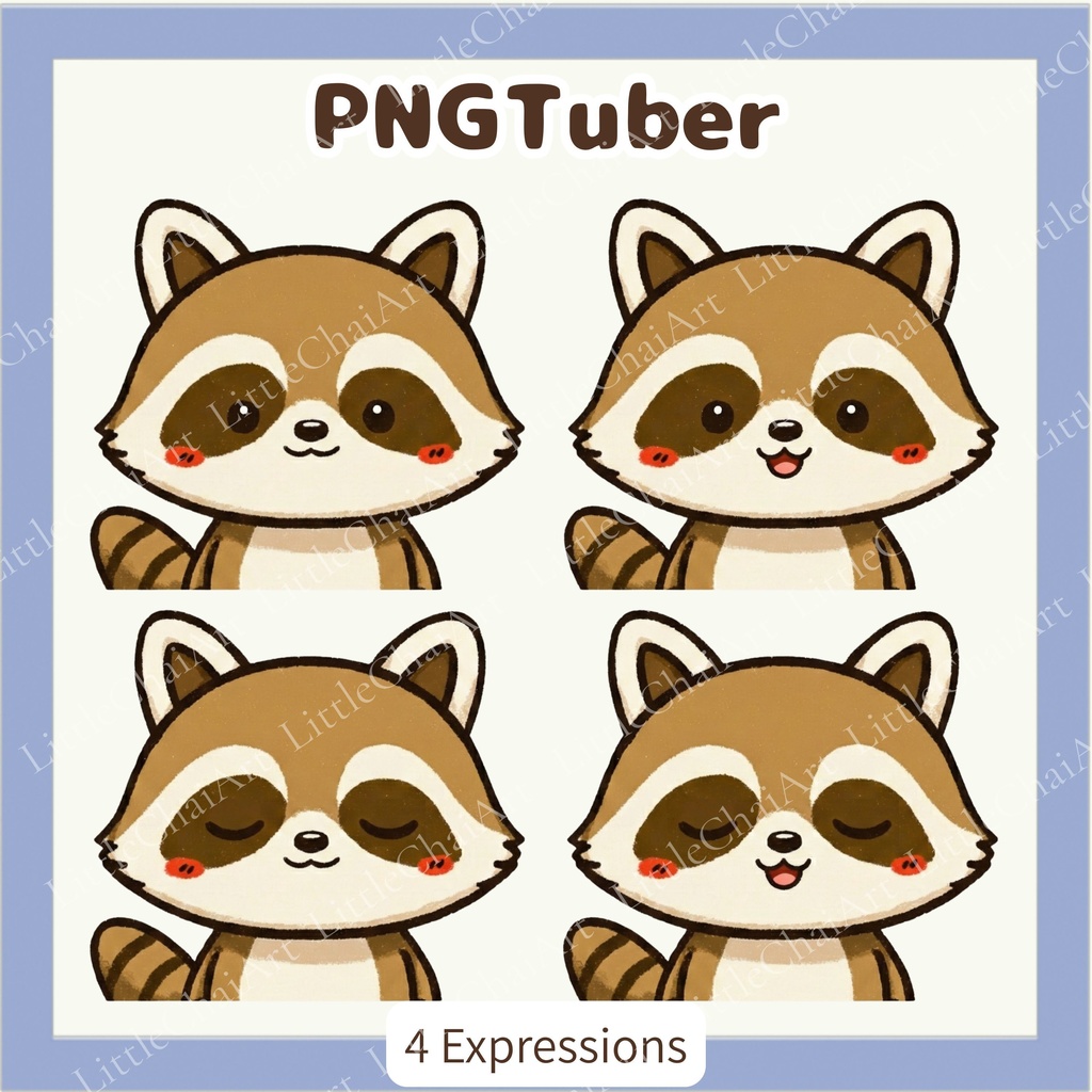 Veadotube対応 ゆるかわアライグマ PNGTuber素材 - 4表情セット / Raccoon PNGTuber