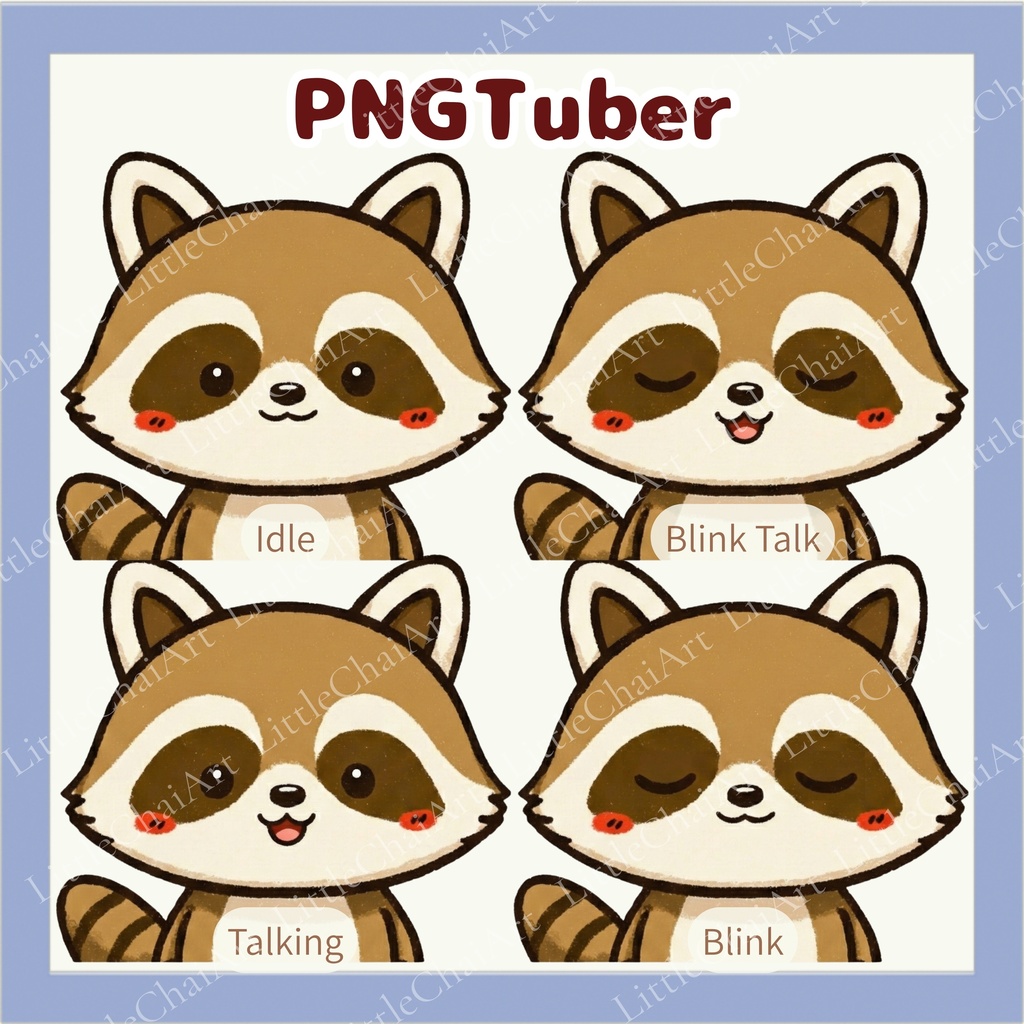 Veadotube対応 ゆるかわアライグマ PNGTuber素材 - 4表情セット / Raccoon PNGTuber